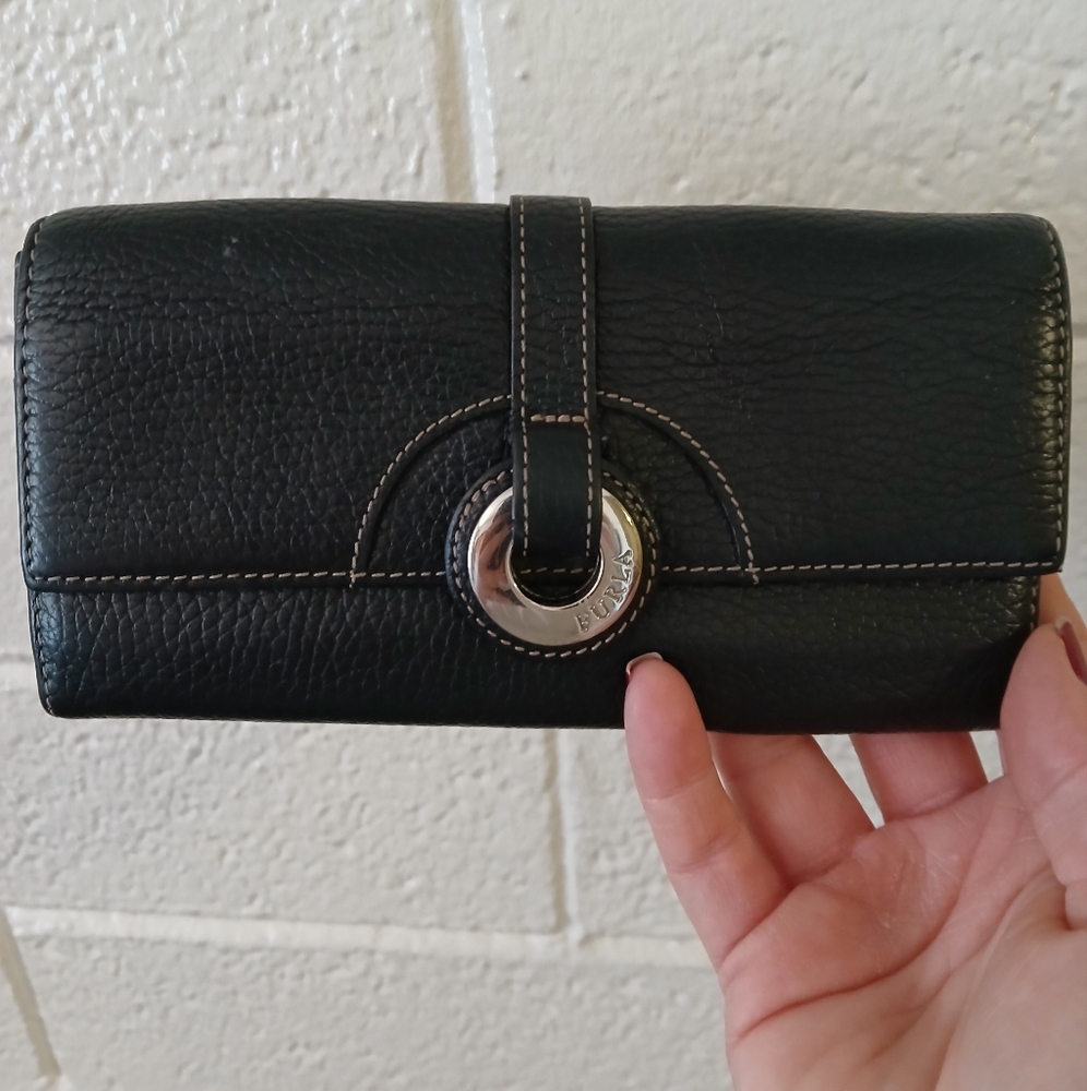 Furla Black Leather Wallet with Silver Hardware.